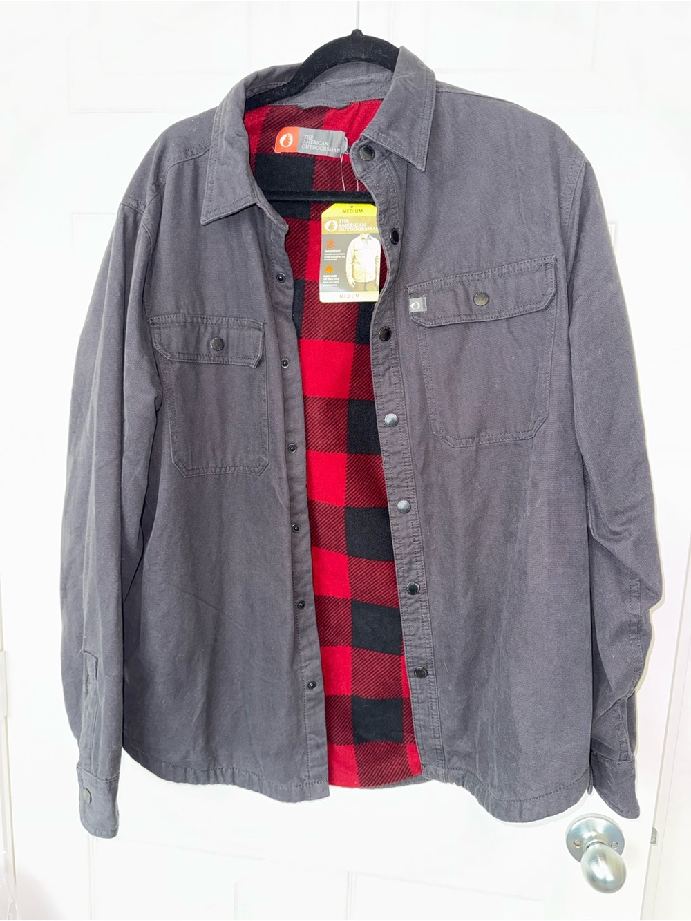 Men's Gray Button-Up Jacket with Red Plaid Lining